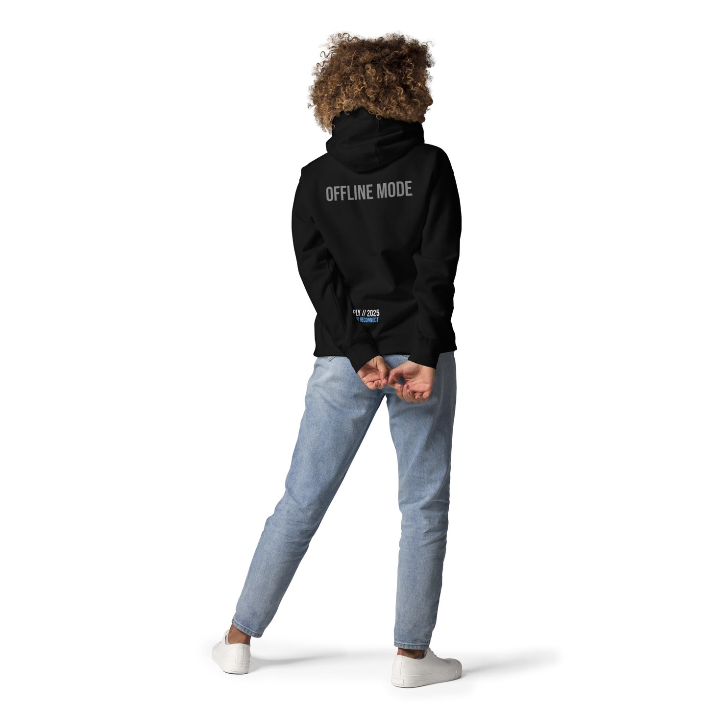 Back view of  model wearing AFK SUPPLY Offline Mode Hoody black
