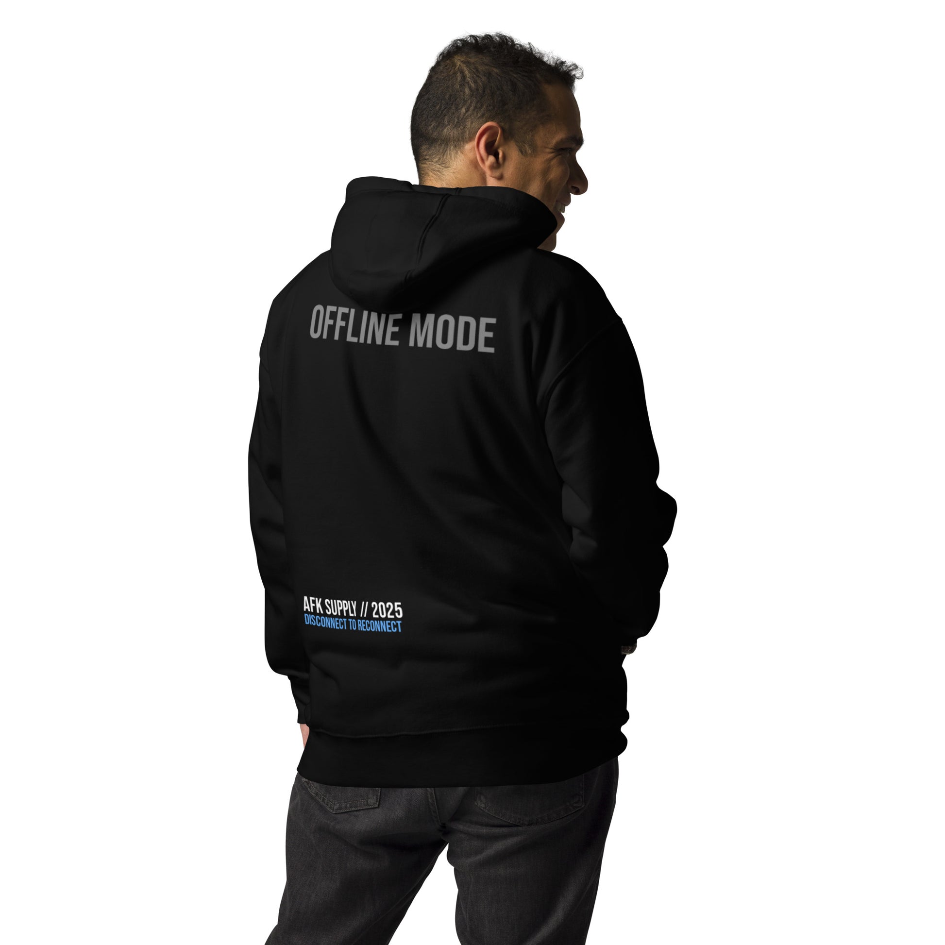 Front view of Model wearing AFK SUPPLY Offline Mode Hoody in black