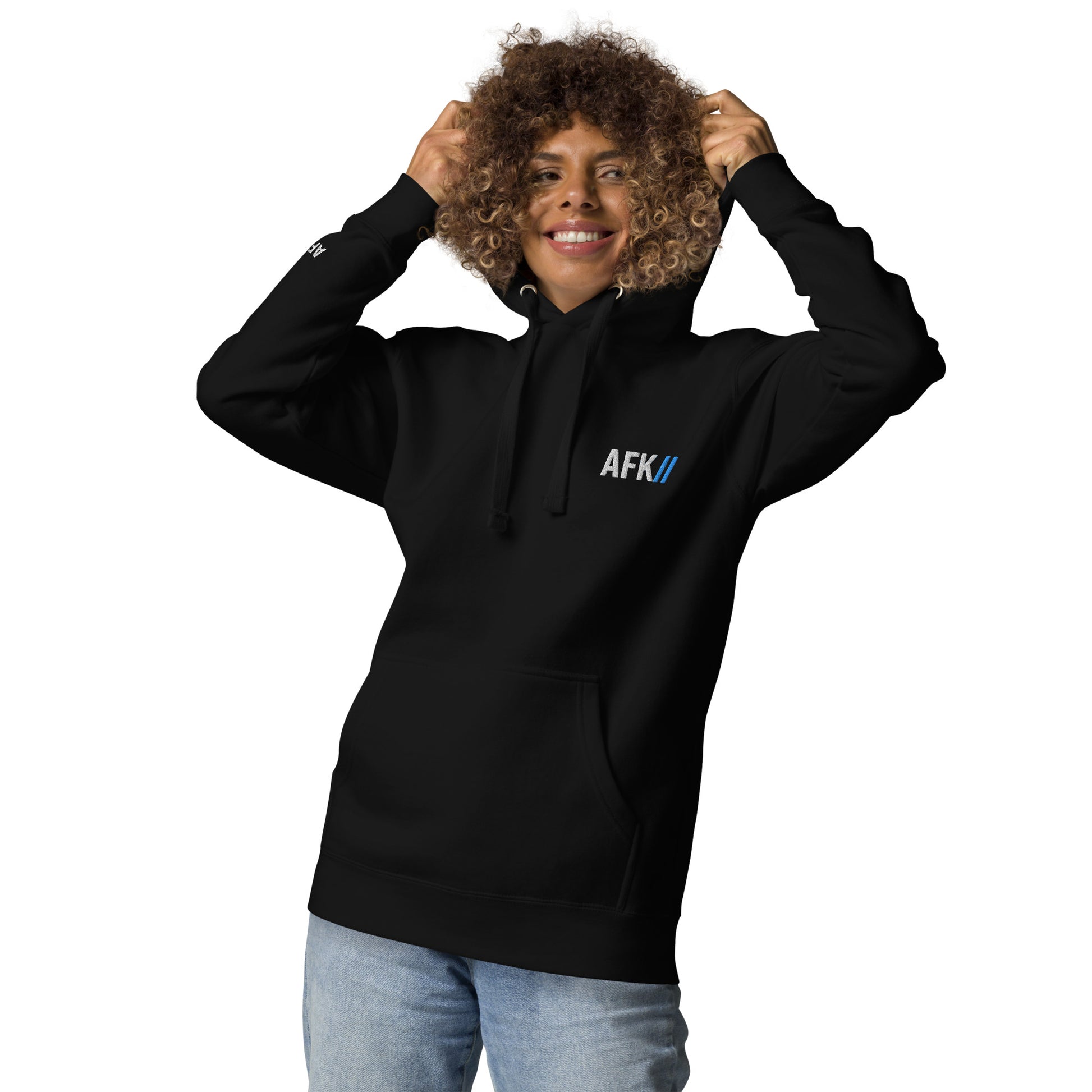 Front view of  model wearing AFK SUPPLY Offline Mode Hoody black