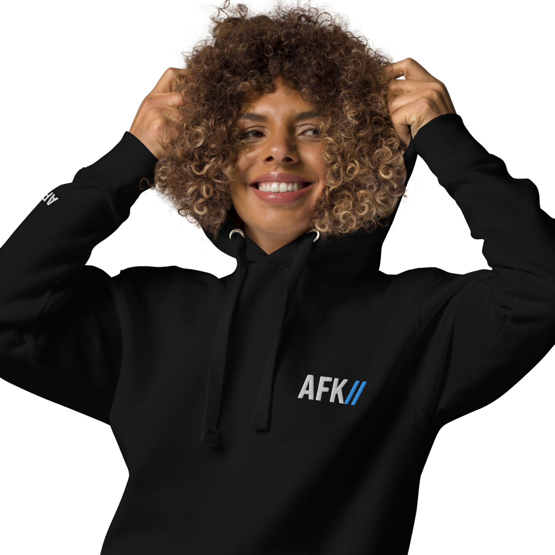 Front view  closeup of  model wearing AFK SUPPLY Offline Mode Hoody black