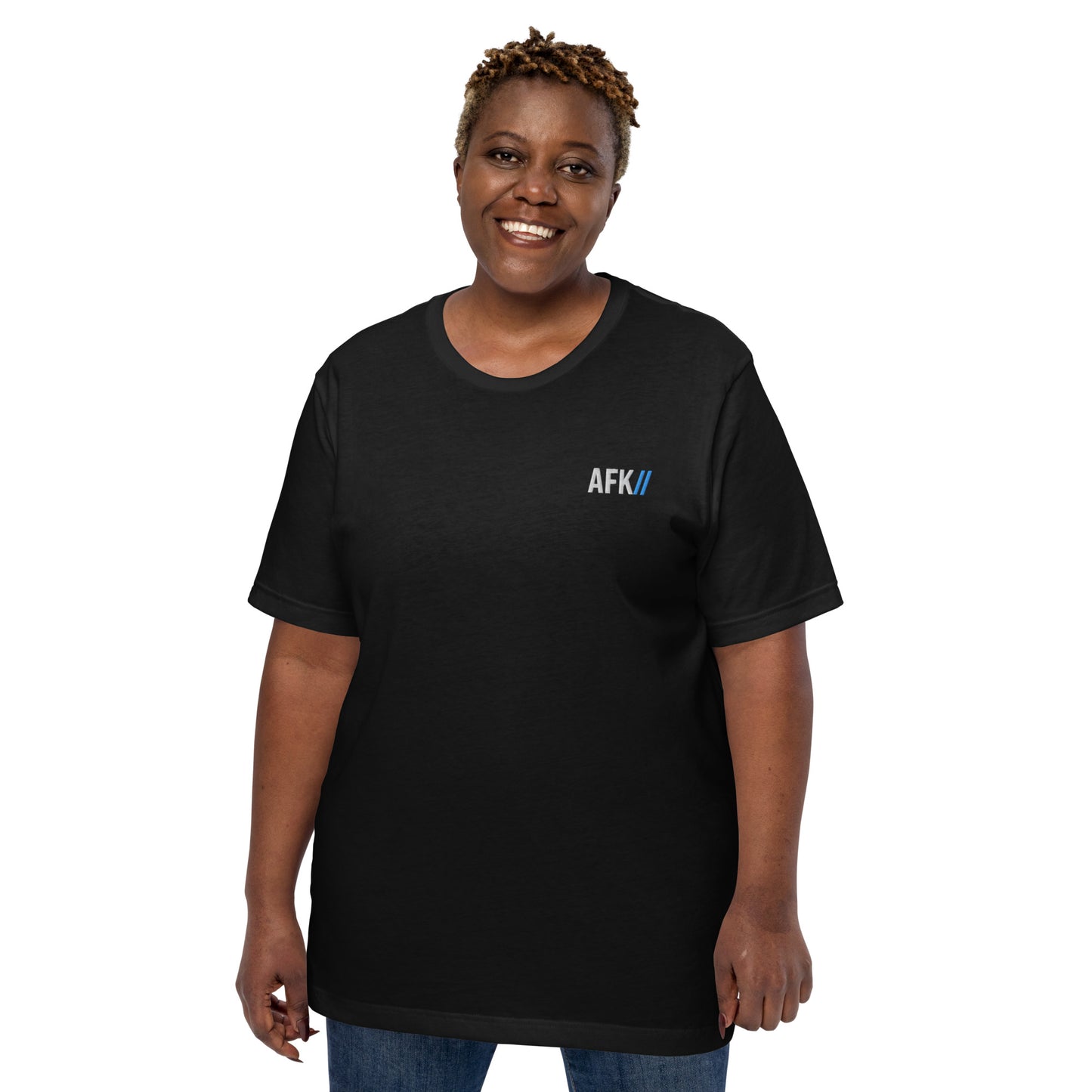 Front view of Model wearing AFK SUPPLY Offline Mode Tee in black