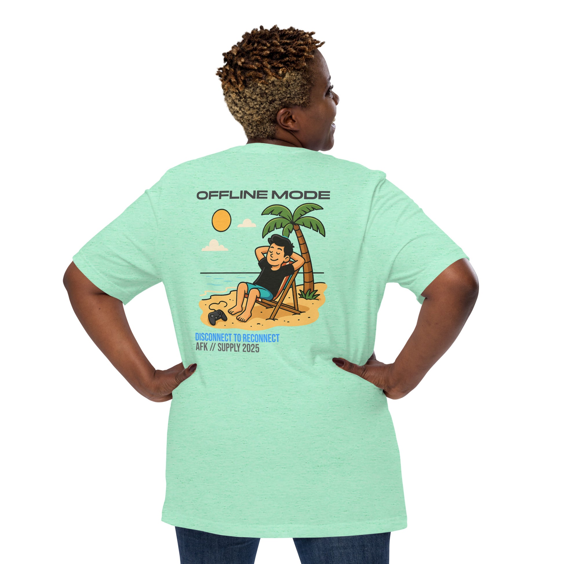 Back view of Model wearing AFK SUPPLY Offline Mode Tee in heather mint