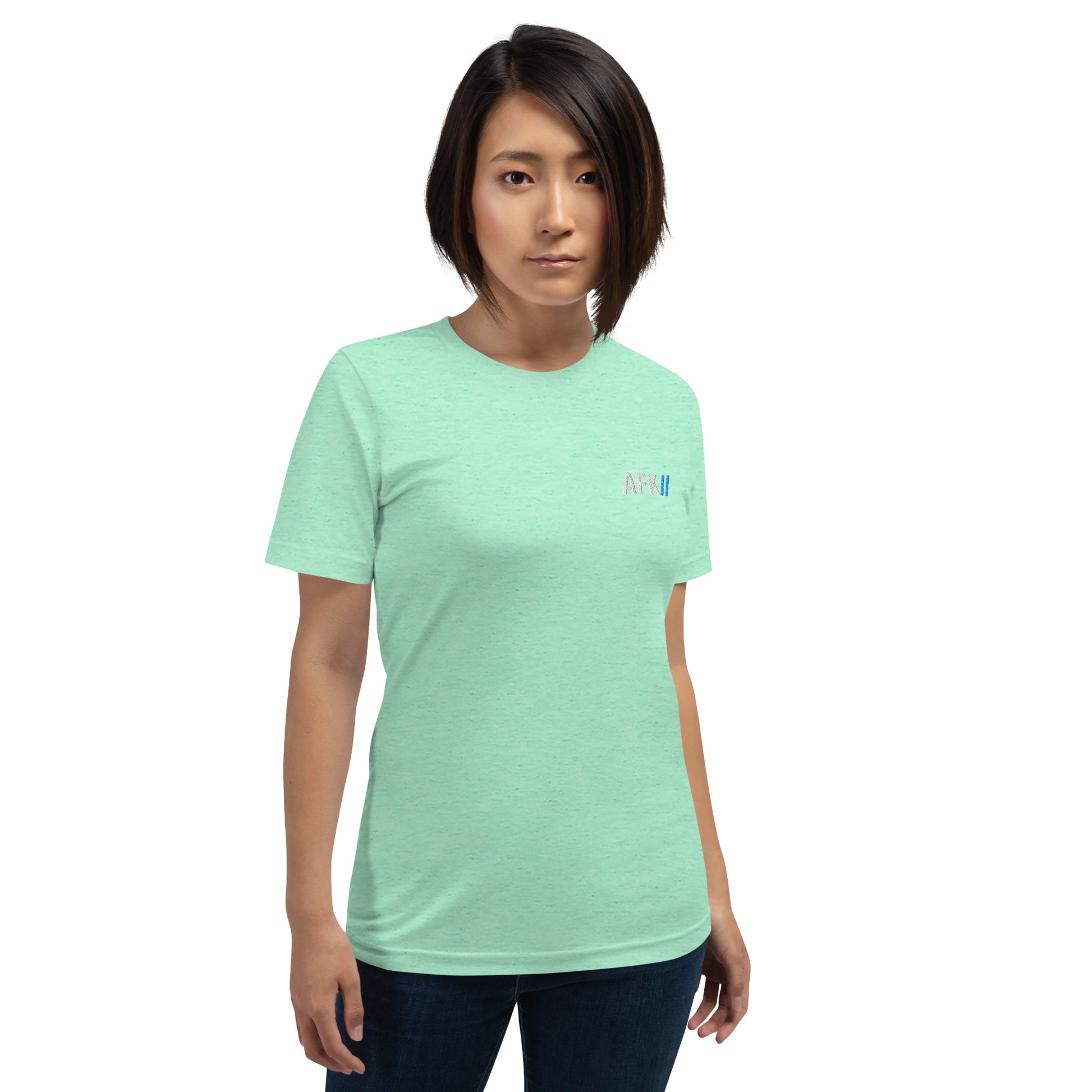 Front view of Model wearing AFK SUPPLY Offline Mode Tee in heather mint