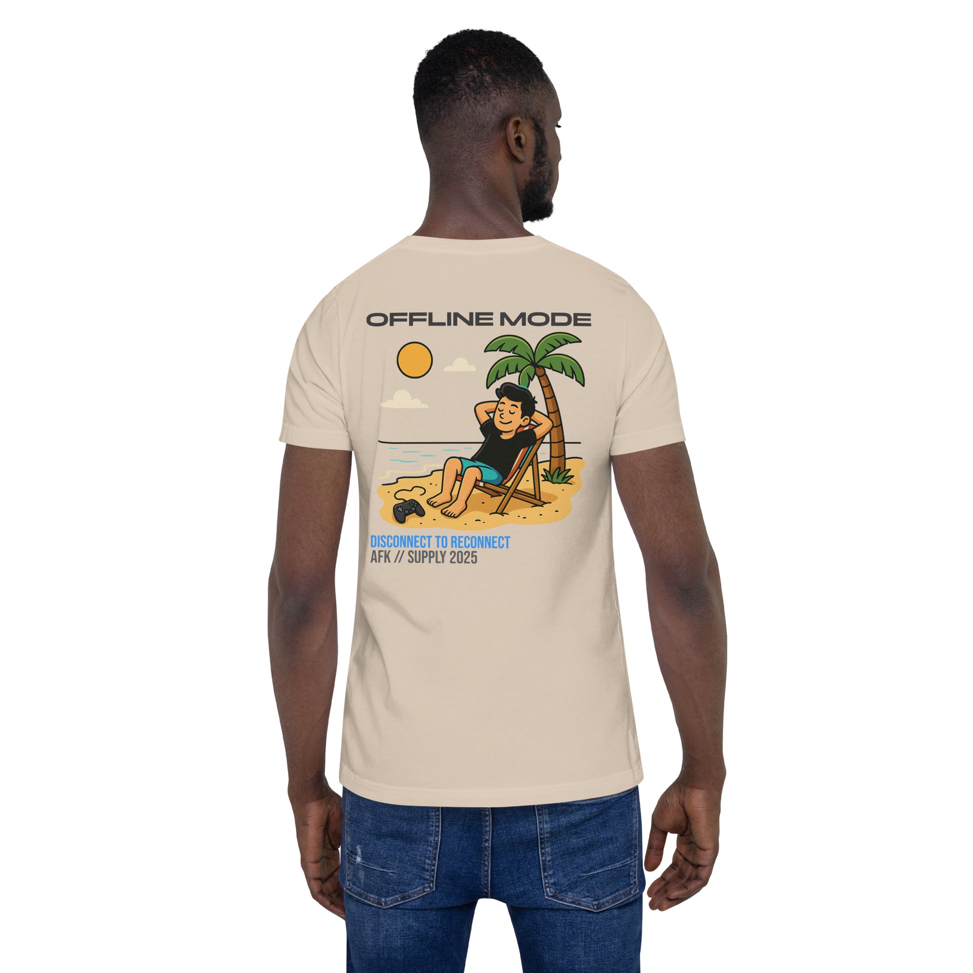 Back view of Model wearing AFK SUPPLY Offline Mode Tee in soft cream